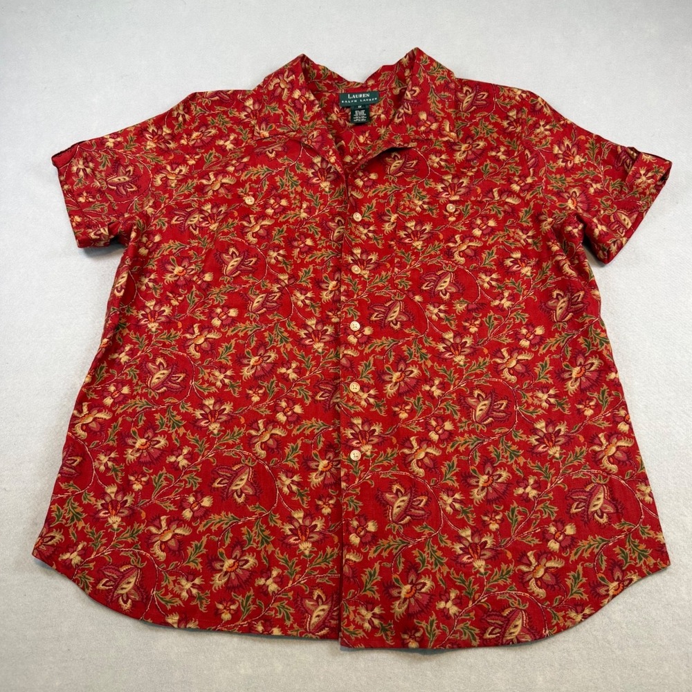 Lauren Ralph Lauren Red Floral Paisley 100% Linen Short Sleeve Button Down Shirt